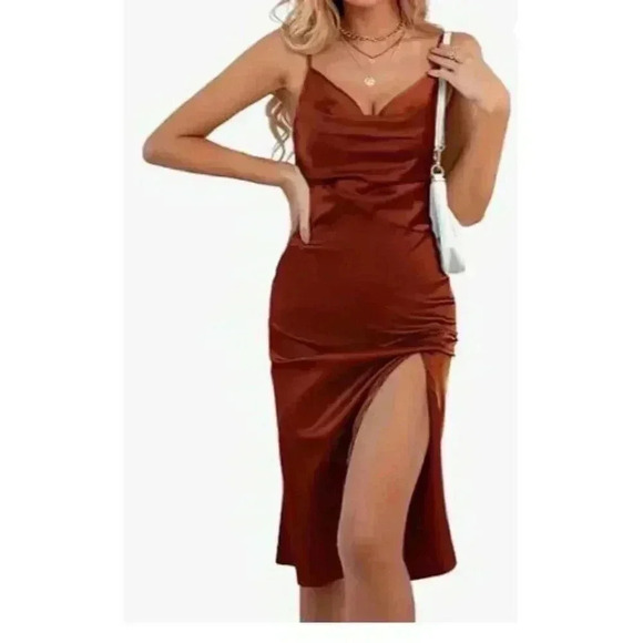 Womens Satin Drape Cowl Neck Sleeveless Strappy Cami Split Slit Party Midi Dress - Picture 4 of 16